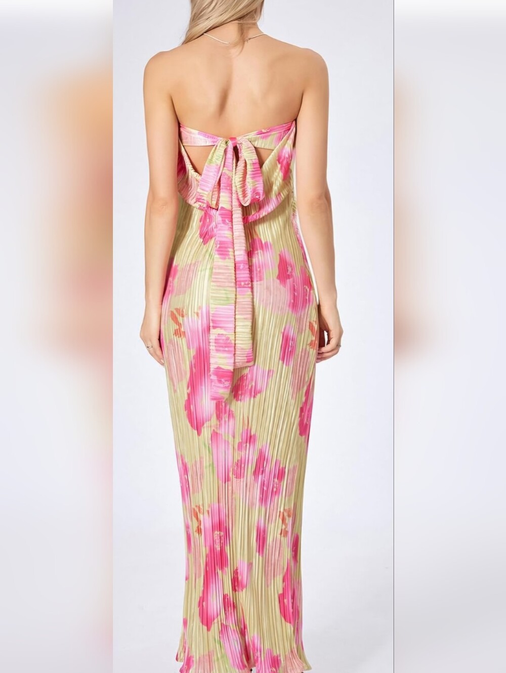 Strapless Pink Floral Pleated Maxi Dress - Picture 3 of 5